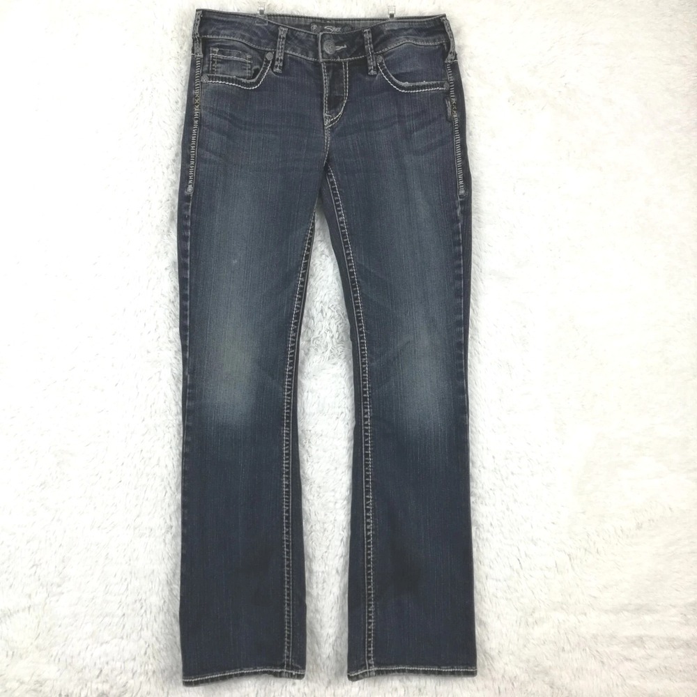 Silver Jeans Womens Aiko Boot Cut Blue Denim Whiskering Low Rise Dark Wash 28